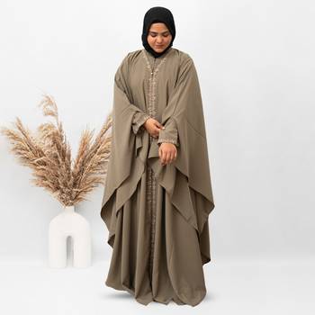 Inner & Upper Embroidery Abaya In Beige Color With Hijab 2