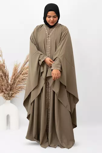Inner & Upper Embroidery Abaya In Beige Color With Hijab