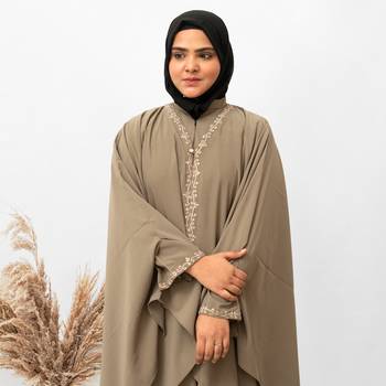 Inner & Upper Embroidery Abaya In Beige Color With Hijab 4