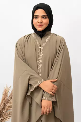 Inner & Upper Embroidery Abaya In Beige Color With Hijab