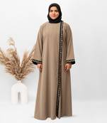 Front Open Side Embroidery Abaya in Beige Color With Hijab