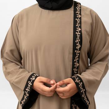 Front Open Side Embroidery Abaya in Beige Color With Hijab 4