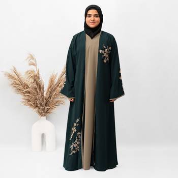 Shrug Embroidery Abaya in Green Color With Hijab 1