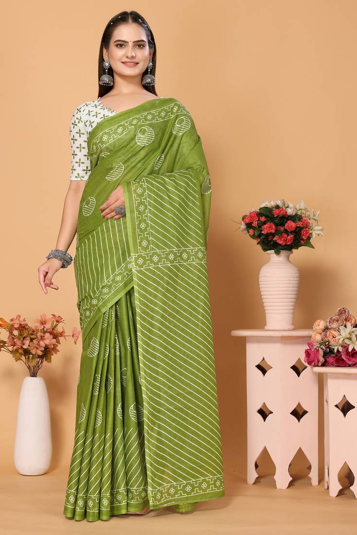 Women's Cotton Blend Light Green Woven Design Designer Saree With Blouse Piece