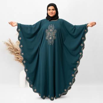 Round Border Embroidery Kaftan Abaya in Ramagreen Color With Hijab 1
