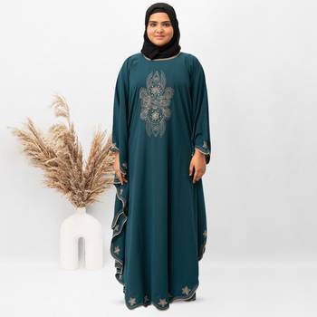 Round Border Embroidery Kaftan Abaya in Ramagreen Color With Hijab 2