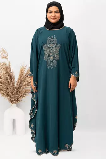 Round Border Embroidery Kaftan Abaya in Ramagreen Color With Hijab