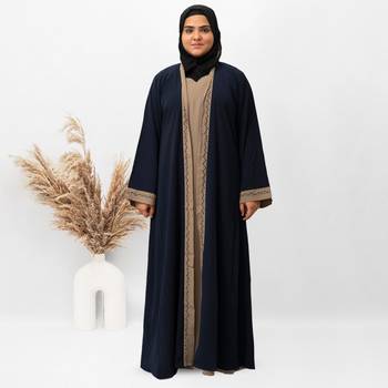 U-Shape Shrug Embroidery Abaya in Blue Color With Hijab 1