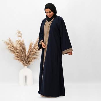 U-Shape Shrug Embroidery Abaya in Blue Color With Hijab 2