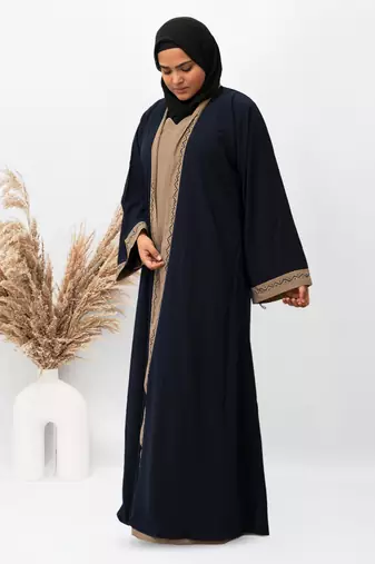 U-Shape Shrug Embroidery Abaya in Blue Color With Hijab