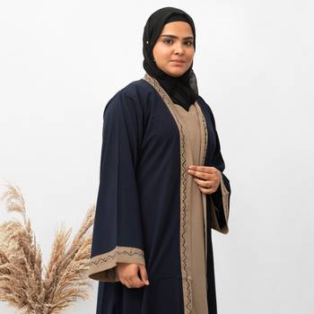 U-Shape Shrug Embroidery Abaya in Blue Color With Hijab 4