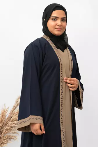 U-Shape Shrug Embroidery Abaya in Blue Color With Hijab