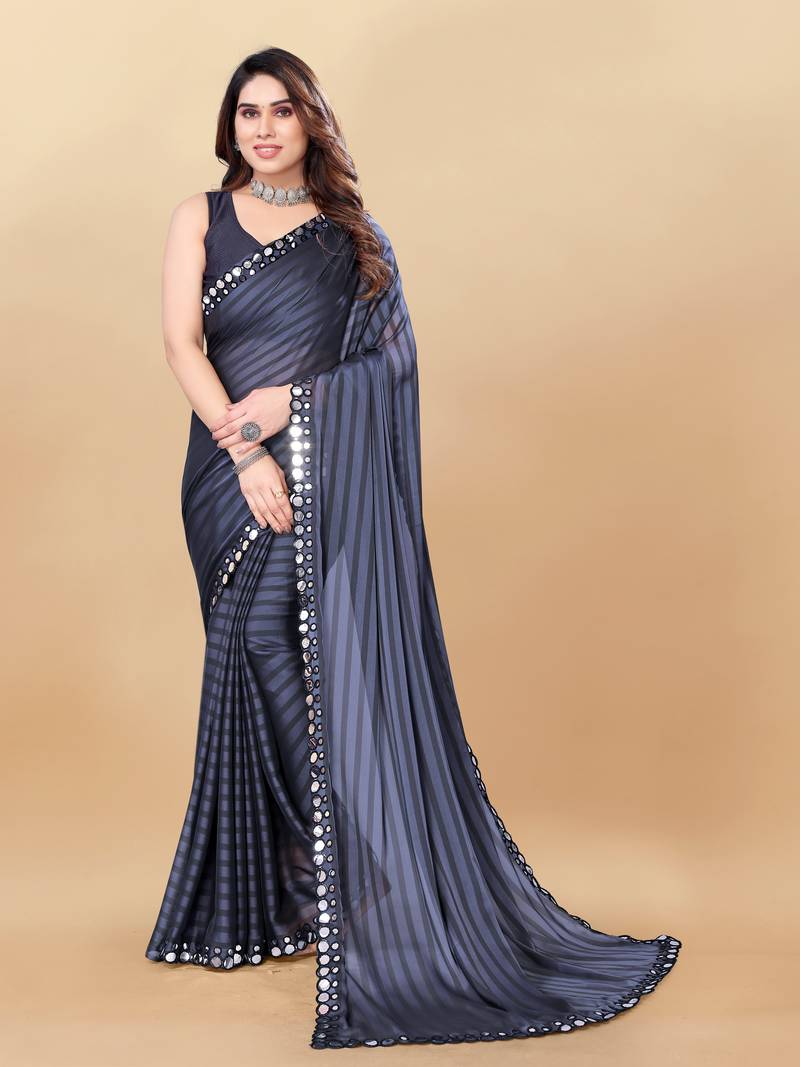 Navy blue stripes pattern poly silk mirror work saree