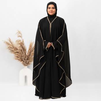 Double Layer Pippen Geotgette Abaya in Black Color With Hijab (033) 1
