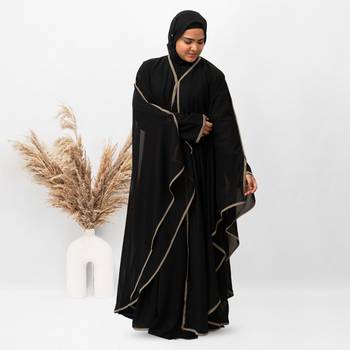 Double Layer Pippen Geotgette Abaya in Black Color With Hijab (033) 2