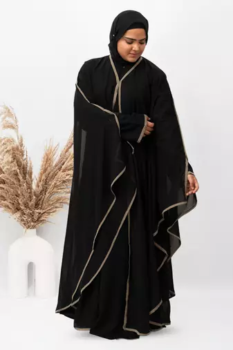 Double Layer Pippen Geotgette Abaya in Black Color With Hijab (033)