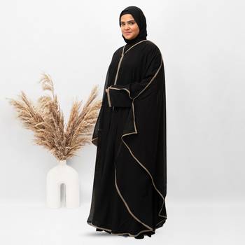 Double Layer Pippen Geotgette Abaya in Black Color With Hijab (033) 3