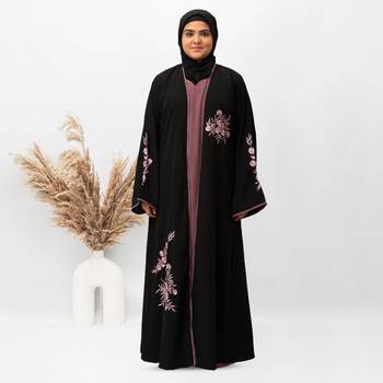 Shrug Embroidery Abaya in Black Color With Hijab 1