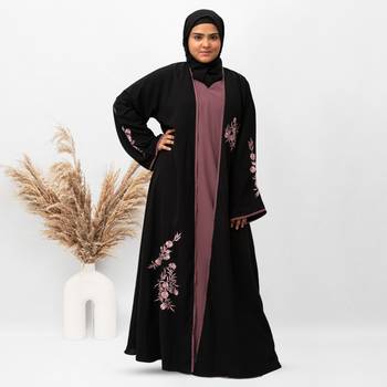 Shrug Embroidery Abaya in Black Color With Hijab 3