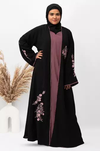 Shrug Embroidery Abaya in Black Color With Hijab