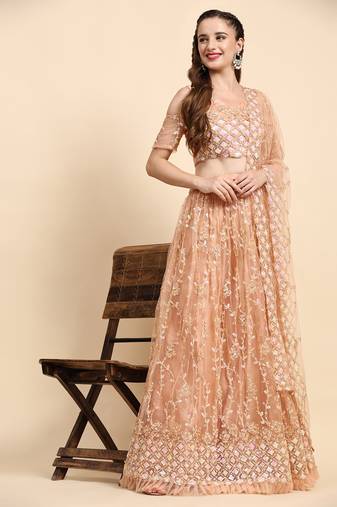 Peach Sequine Embroidered work Net Fabric Bollywood Lehenga Choli with Dupatta.