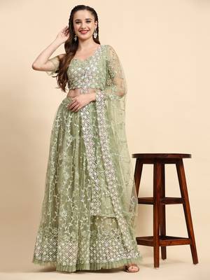PistaGreen Sequine Embroidered work Net Fabric Bollywood Lehenga Choli with Dupatta. 1
