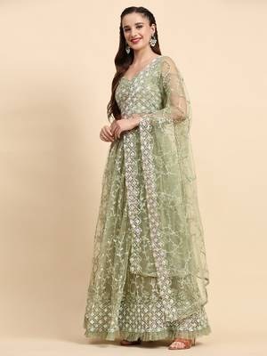 PistaGreen Sequine Embroidered work Net Fabric Bollywood Lehenga Choli with Dupatta. 2