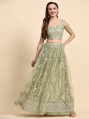PistaGreen Sequine Embroidered work Net Fabric Bollywood Lehenga Choli with Dupatta. 3
