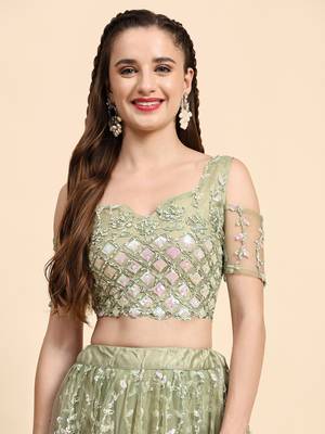 PistaGreen Sequine Embroidered work Net Fabric Bollywood Lehenga Choli with Dupatta. 4