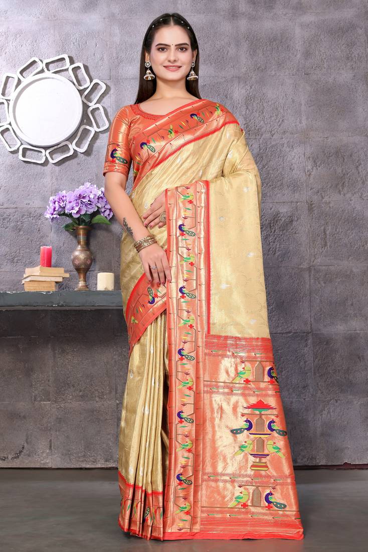 Paithani printed soft silk saree with zari-style border and contrast blouse for women