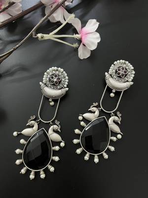 Bird stone oxidised long dangler earrings  3