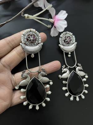 Bird stone oxidised long dangler earrings  4