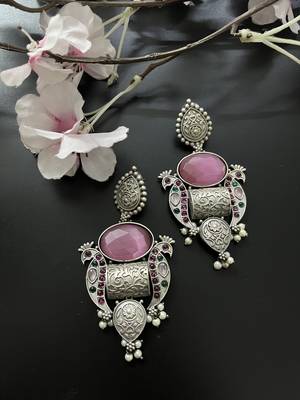 Partywear pink stone dangler earrings for women 3