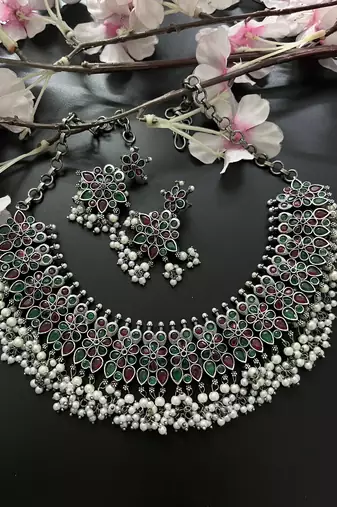 Multicolor stone oxidised necklace set indian jewellery