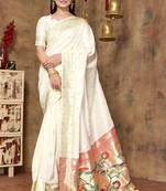 White Zari Woven Silk Blend Paithani Saree With Blouse Piece