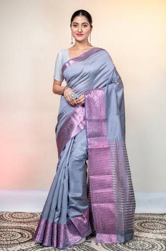 Grey kanjivaram soft silk saree with pink stripe pallu and woven motifs