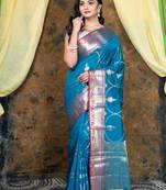 Cerulean soft banarasi uppada  silk saree with golden woven motifs