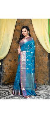 Cerulean soft banarasi uppada silk blend saree with golden woven motifs 2