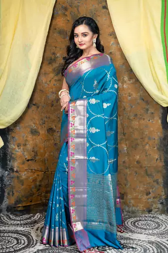 Cerulean soft banarasi uppada silk blend saree with golden woven motifs