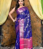 Ink blue soft banarasi uppada  silk saree with floral woven motifs