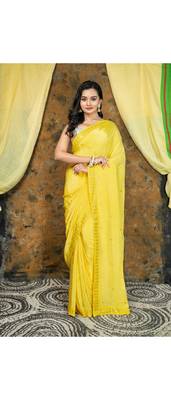 Yellow embroidered crepe saree with embroidered lace border 1