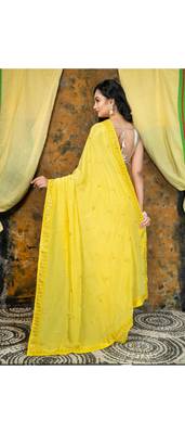 Yellow embroidered crepe saree with embroidered lace border 3