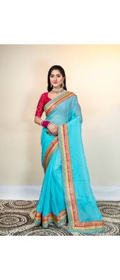 Maya blue organza saree with multicolor border 1