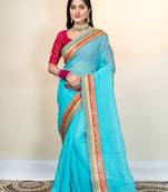 Maya blue organza saree with multicolor border