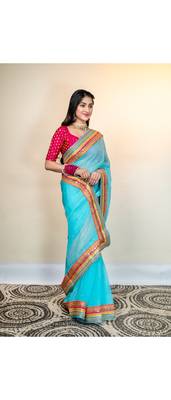 Maya blue organza saree with multicolor border 2
