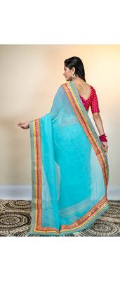 Maya blue organza saree with multicolor border 3