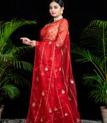 Red embroidered organza saree with gota work