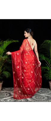 Red embroidered organza saree with gota work 2