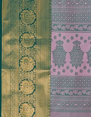 Peach blue self jacqurd cotton silk dharmavarm saree with blouse 5