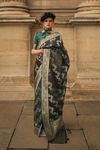 Bottel Green Ranghat Satin Woven Work Saree With Blouse